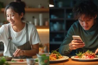 Uśmiechnięta kobieta siedzi przy stole z talerzem świeżych owoców skupiona na jedzeniu