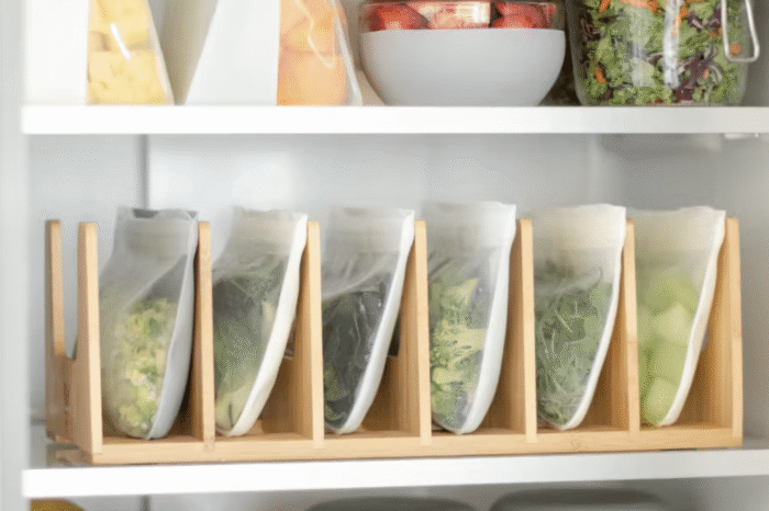 Zamrażarka pełna kolorowych woreczków z owocami warzywami i mięsem ułożonych równo