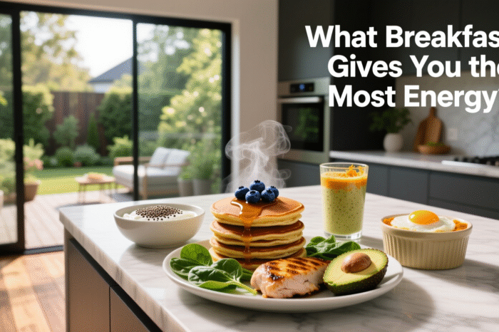 Talerz z jajkami, awokado, owocami, orzechami i płatkami owsianymi na stole